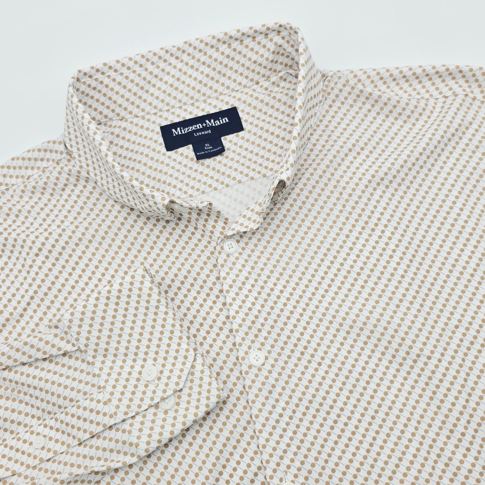 Mizzen+Main Leeward Trim Fit Dress Shirt XL White Tan Polka Dot Blue Stripe